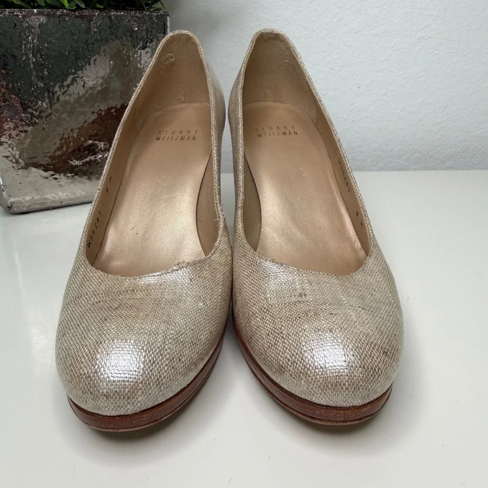 Stuart‎ Weitzman Pumps Womens Gold Metallic Linen Stacked Heel Classic 8M